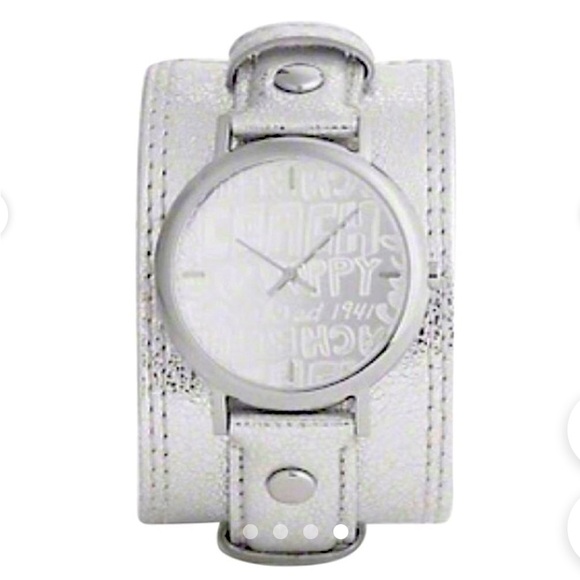 Coach Poppy cuff watch. Genuine leather with silver metallic design. Vintage - Picture 1 of 7
